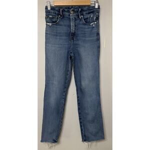 Good American Straight Jeans Women’s Size 2 High Rise Raw Hem Distressed Blue